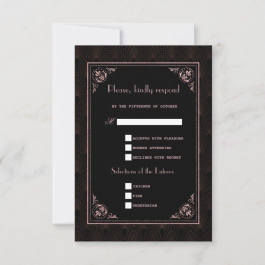 Roos Gold Black Great Gatsby Art Deco Wedding RSVP Kaartje (Voorkant)