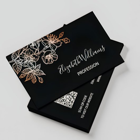 Roos Gold Black Line Art Floral | QR-code Visitekaartje