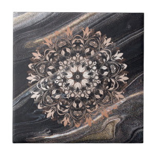 Roos Gold Black Marble Floral Mandala Tegeltje