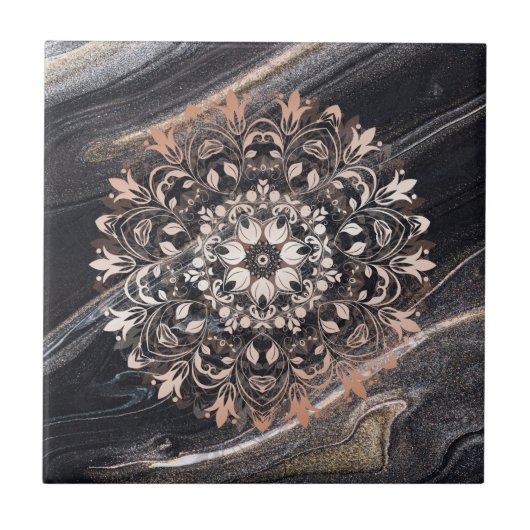Roos Gold Black Marble Floral Mandala Tegeltje (Voorkant)