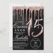 Roos Gold Black Metallic Glitter Drips Quinceañera Kaart (Voorkant)