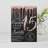 Roos Gold Black Metallic Glitter Drips Quinceañera Kaart (Staand voorkant)