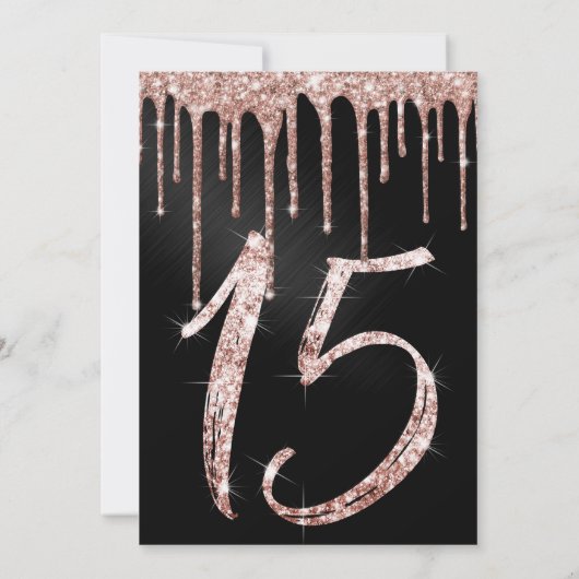 Roos Gold Black Metallic Glitter Drips Quinceañera Kaart (Achterkant)