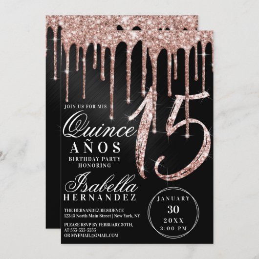 Roos Gold Black Metallic Glitter Drips Quinceañera Kaart (Voorkant / Achterkant)