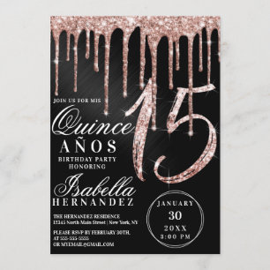 Roos Gold Black Metallic Glitter Drips Quinceañera Kaart