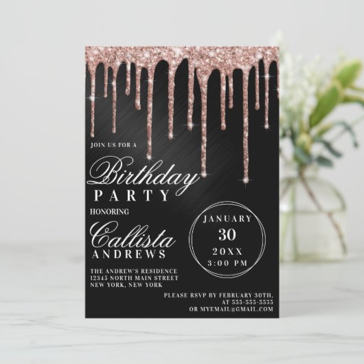 Roos Gold Black Metallic Glitter Drips Verjaardag Kaart (Staand voorkant)