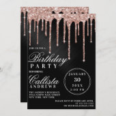 Roos Gold Black Metallic Glitter Drips Verjaardag Kaart (Voorkant / Achterkant)