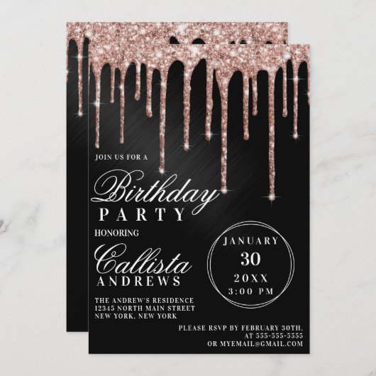 Roos Gold Black Metallic Glitter Drips Verjaardag Kaart (Voorkant / Achterkant)