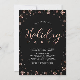 Roos Gold & Black Modern Snowflakes Holiday Party Kaart