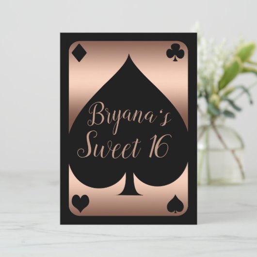 Roos Gold & Black Spade Glam Casino Sweet 16 Party Kaart (Staand voorkant)