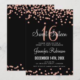 Roos Gold Black Sweet 16 Birthday Glitter Confetti Kaart