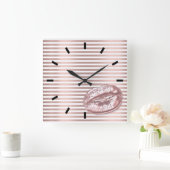 Roos Gold Black White Kus Lips Stripes Lines Vierkante Klok (Huis)