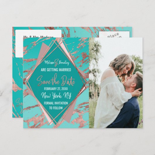 Roos Gold Blauwgroen Green Marble Diamond Save Dat Aankondigingskaart (Voorkant / Achterkant)