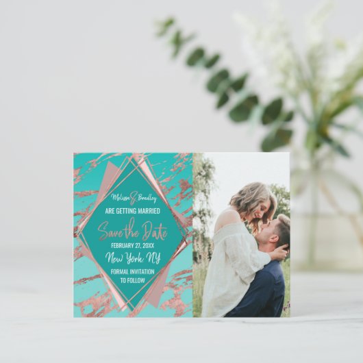 Roos Gold Blauwgroen Green Marble Diamond Save Dat Aankondigingskaart (Staand voorkant)