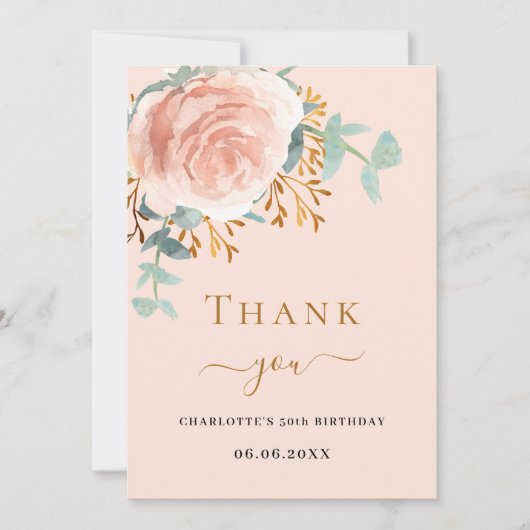 Roos Gold Bloemenperzik Verjaardag Dank u kaart (Voorkant)