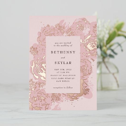 Roos Gold Blooms Folie Invitation Folie Uitnodiging (Staand Voorkant)