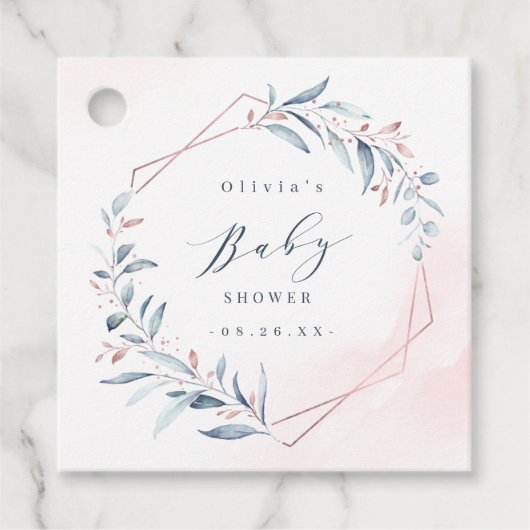 Roos Gold Blue Greenery Geometric Baby shower Bedankjes Labels (Voorkant)