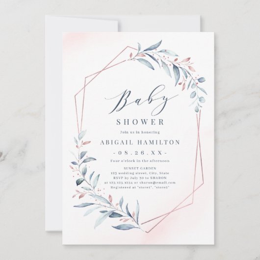 Roos Gold Blue Greenery Geometric Baby shower Kaart (Voorkant)