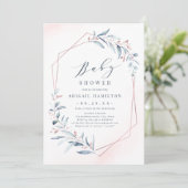 Roos Gold Blue Greenery Geometric Baby shower Kaart (Staand voorkant)