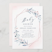 Roos Gold Blue Greenery Geometric Baby shower Kaart (Voorkant / Achterkant)