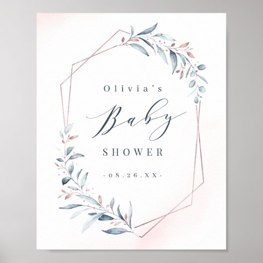 Roos Gold Blue Greenery Geometric Baby shower Poster (Voorkant)
