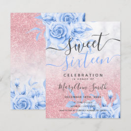 Roos Gold Blue Marble Floral Glitter Sweet 16 Kaart