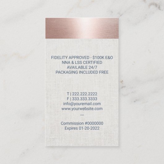 Roos Gold Blue Quill - Notional Loan Signing Agent Visitekaartje (Achterkant)