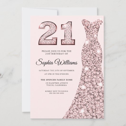 Roos Gold Bluish Dress 21st Birthday Party Kaart (Voorkant)