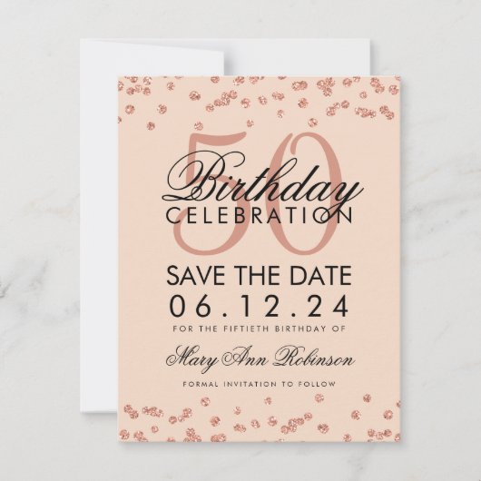 Roos Gold Blush 50th Birthday Save Date Confetti Save The Date (Voorkant)