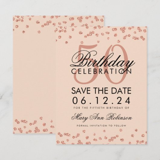 Roos Gold Blush 50th Birthday Save Date Confetti Save The Date (Voorkant / Achterkant)