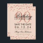 Roos Gold Blush 90th Birthday Save Date Confetti Kaart<br><div class="desc">Het elegante "90th Birthday Party"-ontwerp met Roos Gold Faux Glitter Confetti Blush Pink en aangepaste naam en tekst voor meer informatie. Eenvoudig te gebruiken en eenvoudig aan te passen. Bestel vandaag nog!</div>