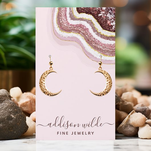 Roos Gold Blush Agate Geode Earring Display Kaart Visitekaartje