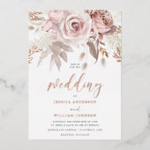 Roos Gold Blush Bloemen bruiloft met details Folie Folie Uitnodiging (Voorkant)