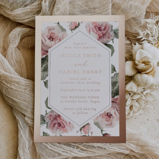 Roos Gold Blush Bloemen Lijst bruiloft Folie Uitnodiging