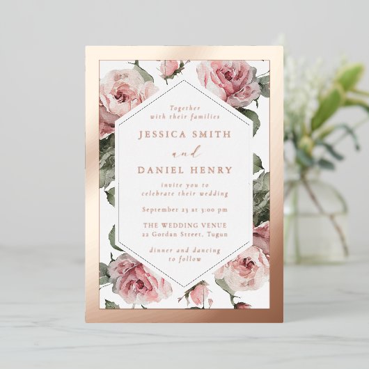 Roos Gold Blush Bloemen Lijst bruiloft Folie Uitnodiging (Staand Voorkant)