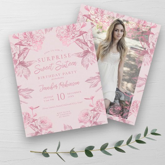 Roos Gold Blush Bloemen VERRASSING Sweet 16 Invite