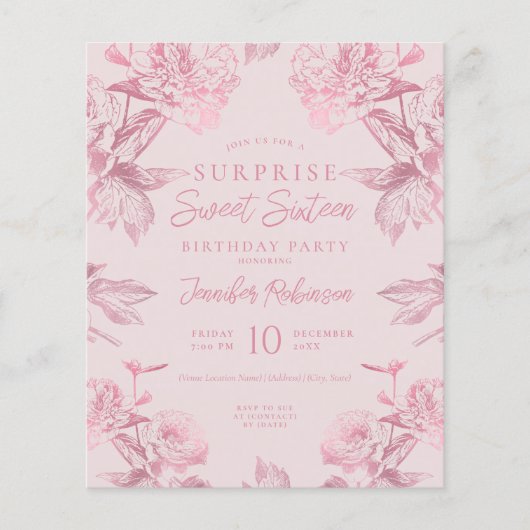 Roos Gold Blush Bloemen VERRASSING Sweet 16 Invite (Voorkant)