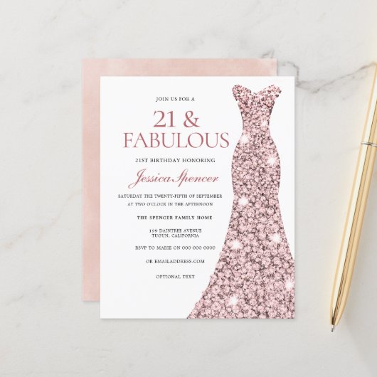 Roos Gold Blush Dress 21st Birthday Budget Invite (Voorkant / Achterkant in situ)