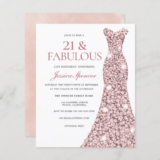 Roos Gold Blush Dress 21st Birthday Budget Invite (Voorkant / Achterkant)