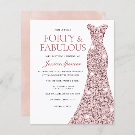 Roos Gold Blush Dress 40th Birthday Budget Invite (Voorkant / Achterkant)