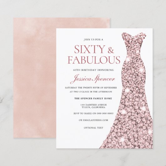 Roos Gold Blush Dress 60th Birthday Budget Invite (Voorkant / Achterkant)