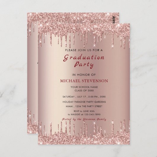 Roos Gold Blush Drift Uw Graduparty nodigt uit Briefkaart (Voorkant / Achterkant)