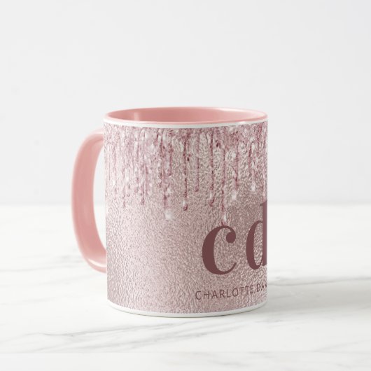 Roos Gold Blush Druppels Monogram Naam Mok (Voorkant links)