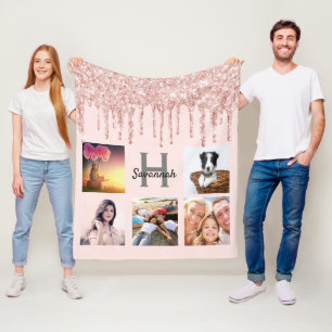Roos Gold Blush Druppels Naam Monogram Foto Fleece Deken