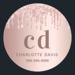 Roos Gold Blush Druppels Naam Ronde Sticker<br><div class="desc">Een rozen gouden achtergrond. Versierd met druppels,  verf druipende look. Personaliseer en voeg een naam,  monogram initialen en een telefoonnummer. Blokbrieven. Donker roos goudkleurige letters.</div>