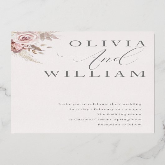 Roos Gold Blush Dusty Roos Pink Floral Wedding Folie Uitnodiging (Achterkant)