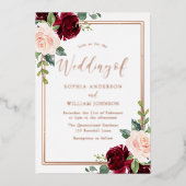 Roos Gold, Blush en Bourgogne Floral Wedding Folie Uitnodiging (Voorkant)