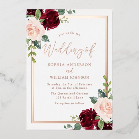 Roos Gold, Blush en Bourgogne Floral Wedding Folie Uitnodiging (Voorkant)