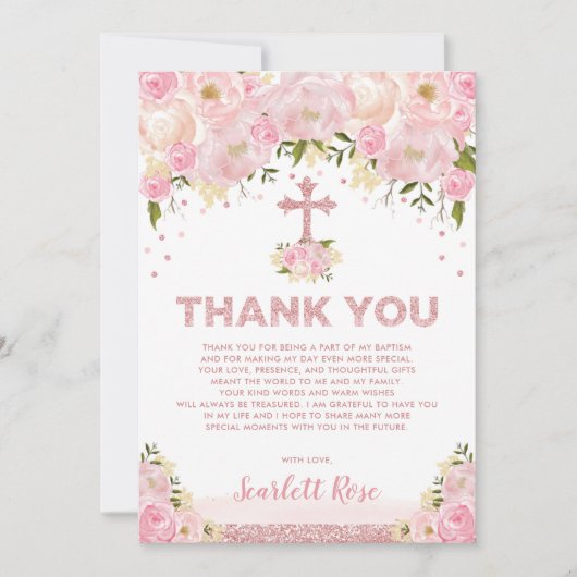 Roos Gold Blush Floral Baptisme Hartelijk dank Kaart (Voorkant)