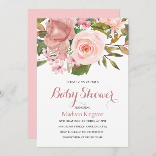 Roos Gold & Blush Flowers Baby shower Uitnodigen Kaart (Voorkant / Achterkant)